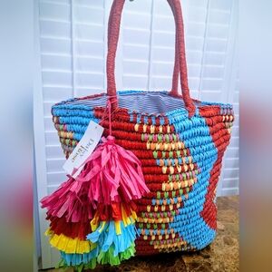 Handwoven Multicolor Straw Tote Bag with P Tassels